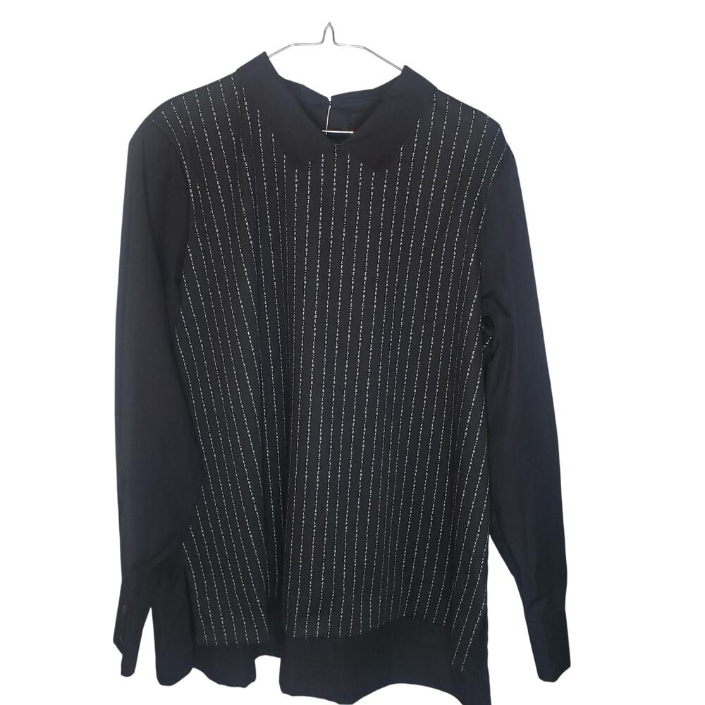 Gershon Bram Mixed Media Daisy Top XL Black Textured Panel Peter Pan Collar NWT